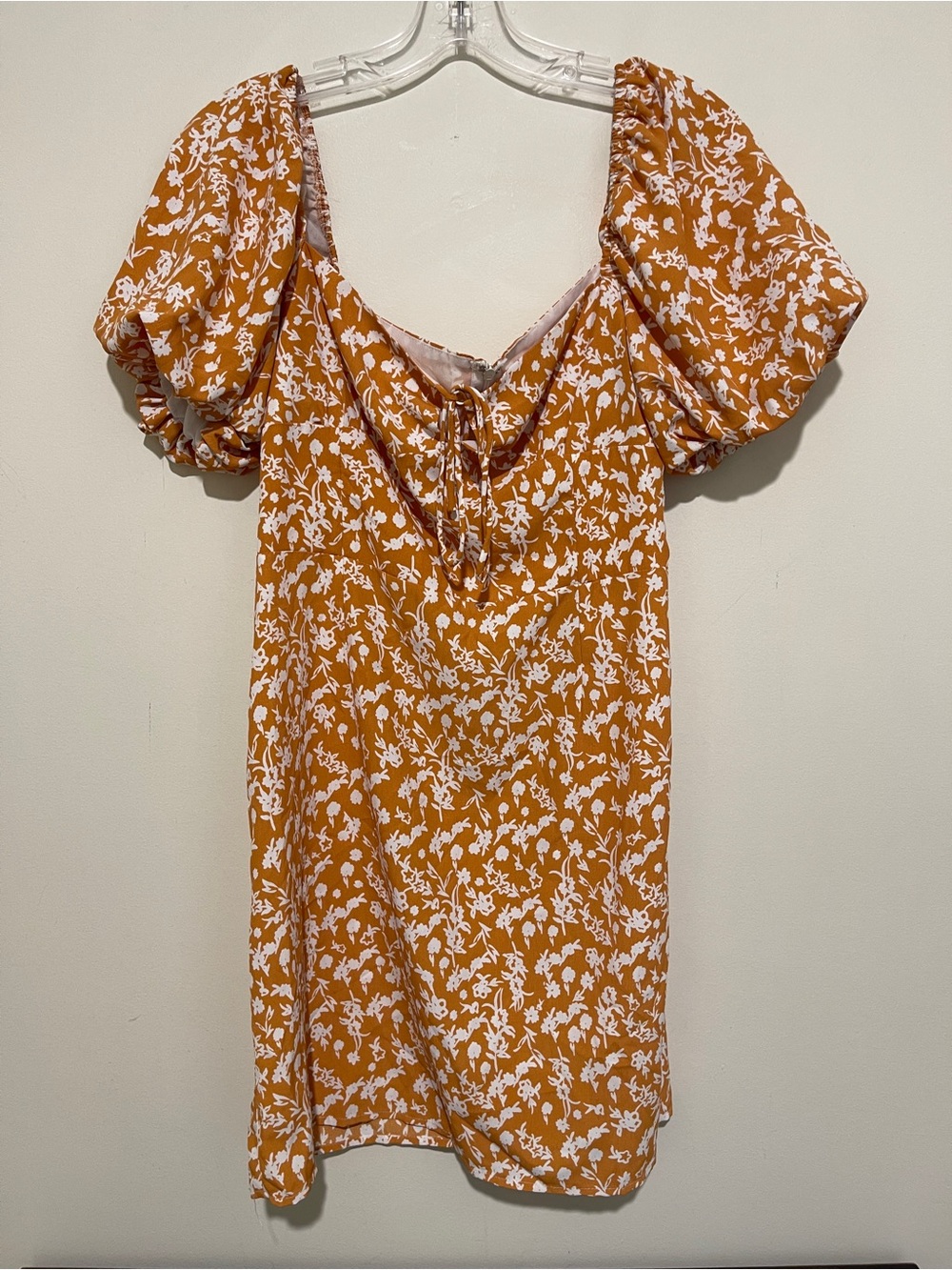 Glamorous Mustard-Orange Floral Puff Sleeve Mini Dress, Medium